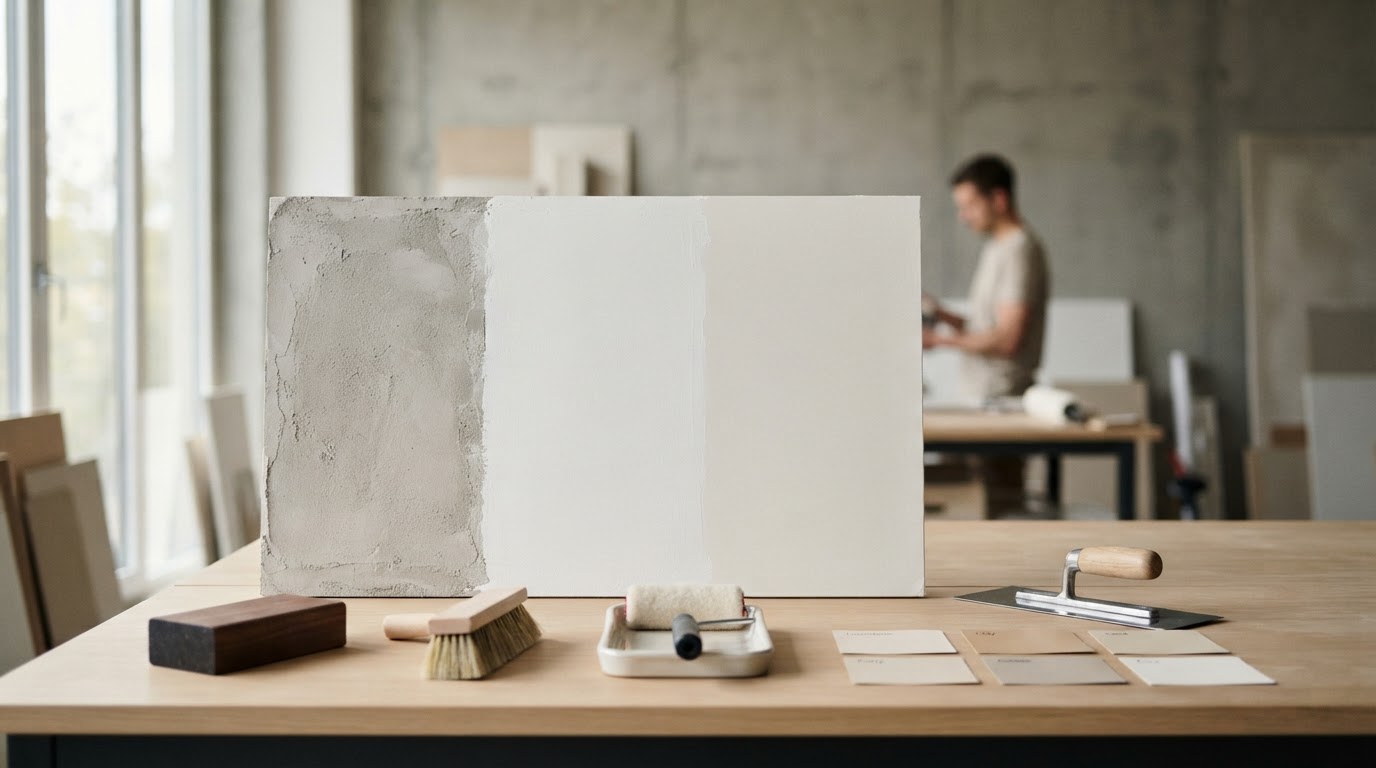 Workshop board showing raw plaster, primer and finished coat, with preparation tools laid out