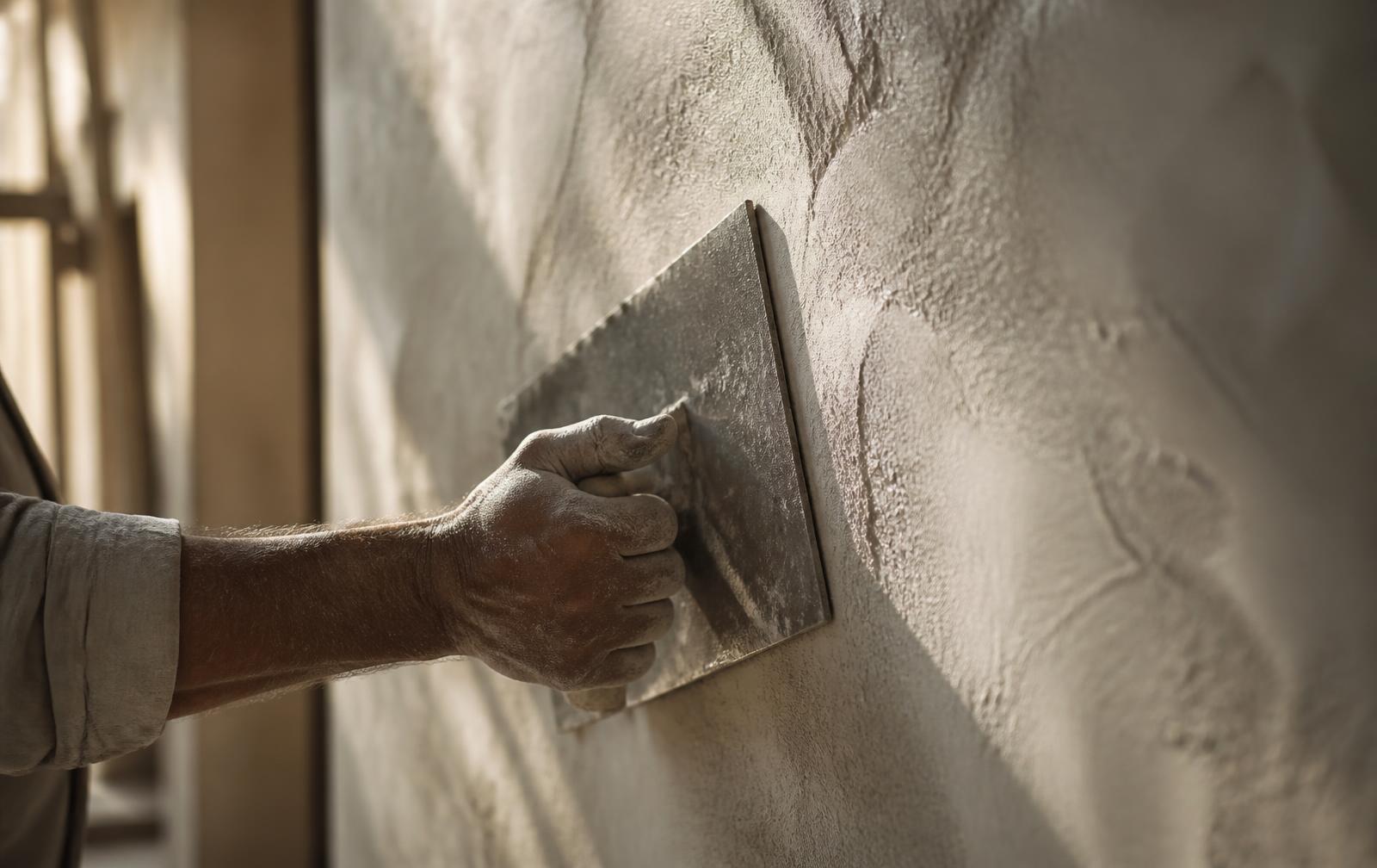 Artisan trowelling a Versus plaster finish in raking light
