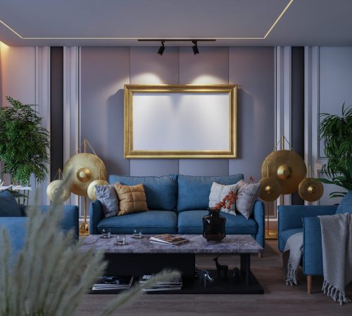 3D illustration, Mockup photo frame on the wall of living room, Interior of comfortable with luxury sofa and beautiful furniture, rendering