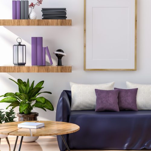 3D illustration mockup photo frame on the wall in living room, scandinavian style interior with cozy furniture and houseplant in natural decoration concept, rendering