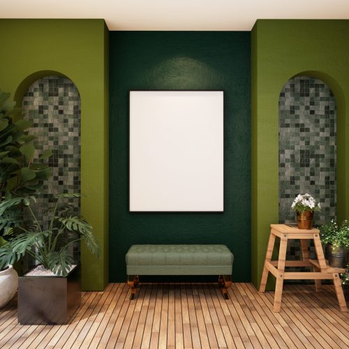 3D illustration, Mockup photo frame on the wall of living room or lobby, Interior with houseplant, vases and beautiful furniture, rendering