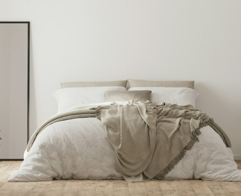 Bedroom interior with bed, mirror and decor, home interior mockup, 3d render