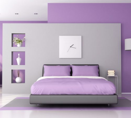 Purple and gray modern bedroom - 3d rendering